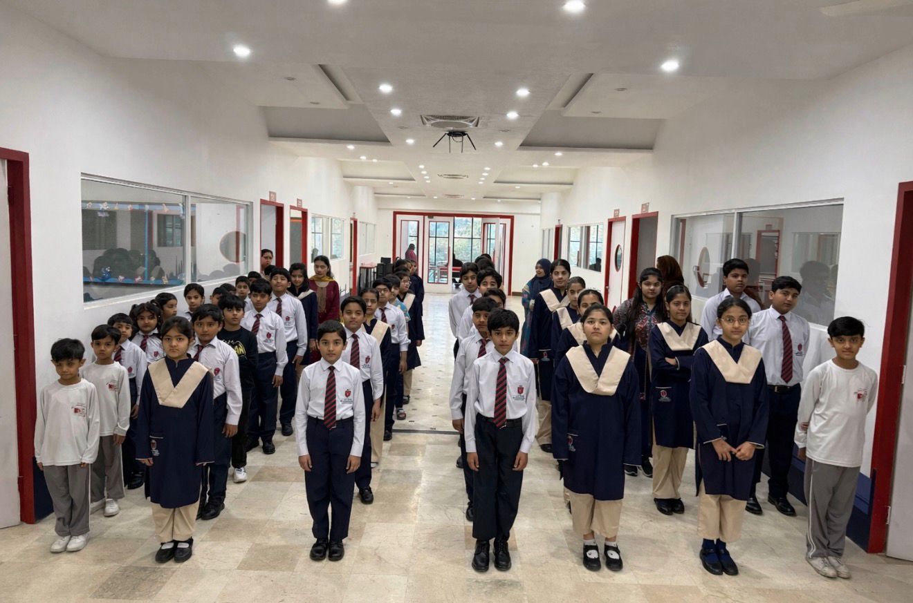 Assembly hall with students in uniform