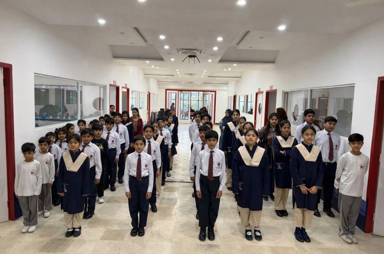 Assembly hall with students in uniform