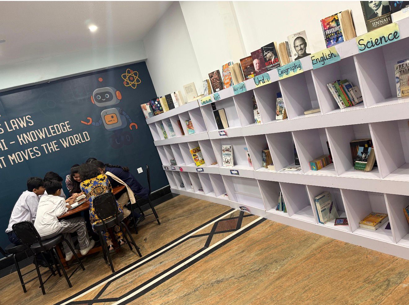 Library with mural and bookshelves