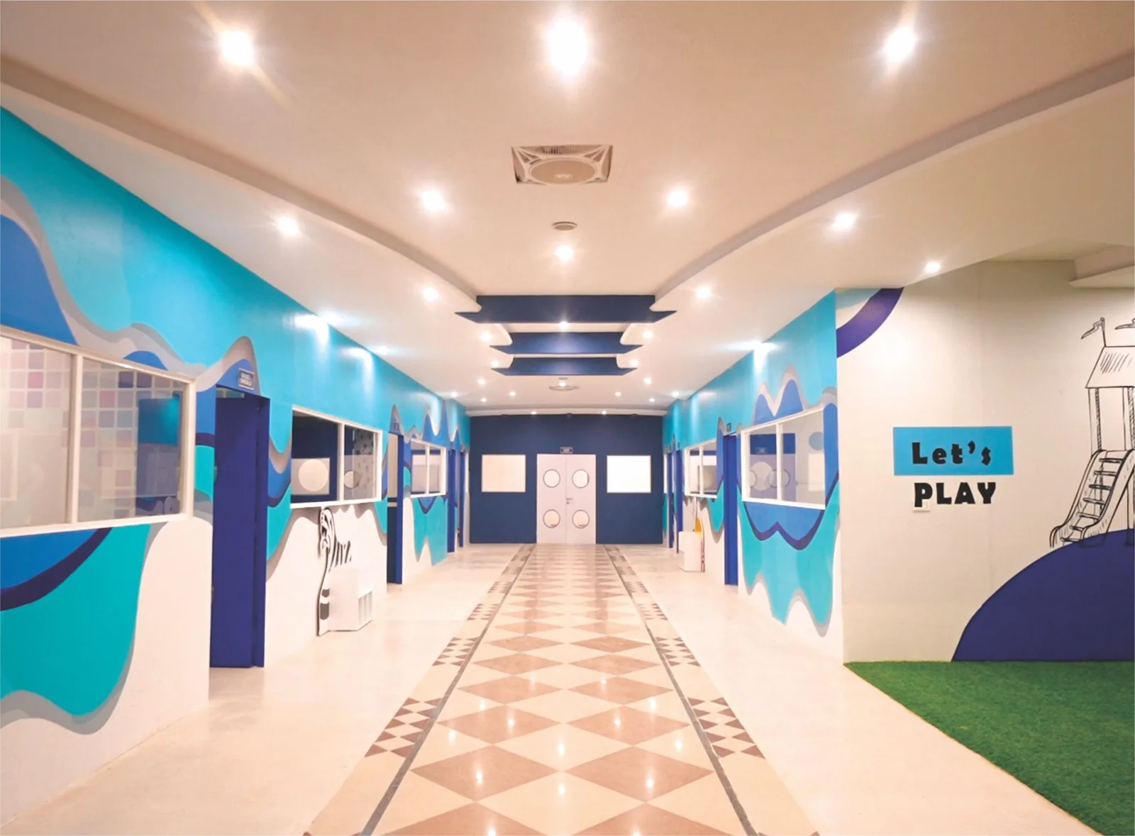 School corridor with student artwork